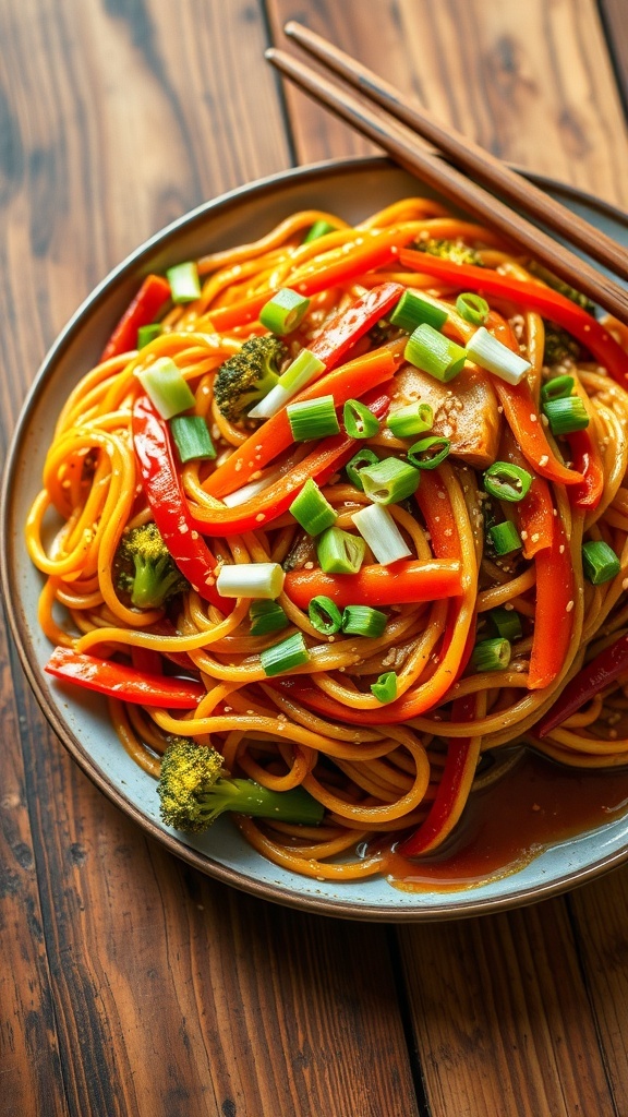 A colorful plate of vegetarian stir-fried noodles with bell peppers, carrots, and broccoli, garnished with green onions and sesame seeds.